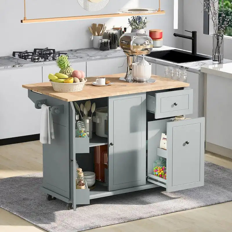 Isola da cucina in caucciù con piano a ribalta larga 53,9 pollici, su 5 ruote, con scaffale interno e armadietto estraibile a 3 livelli