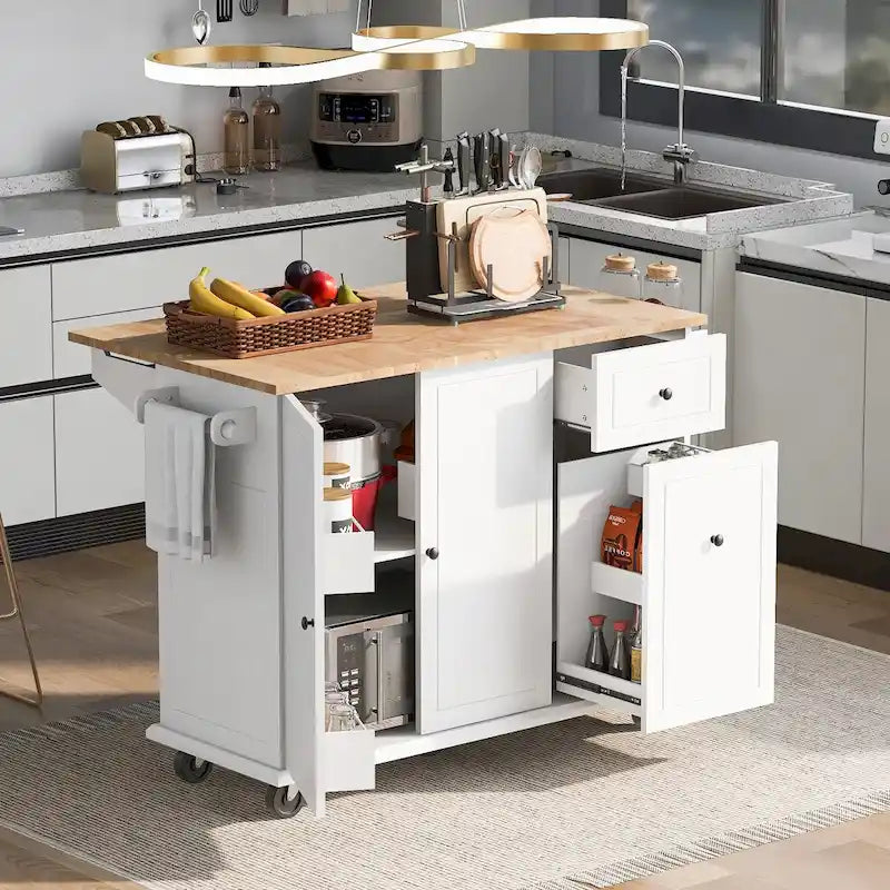 Isola da cucina in caucciù con piano a ribalta larga 53,9 pollici, su 5 ruote, con scaffale interno e armadietto estraibile a 3 livelli