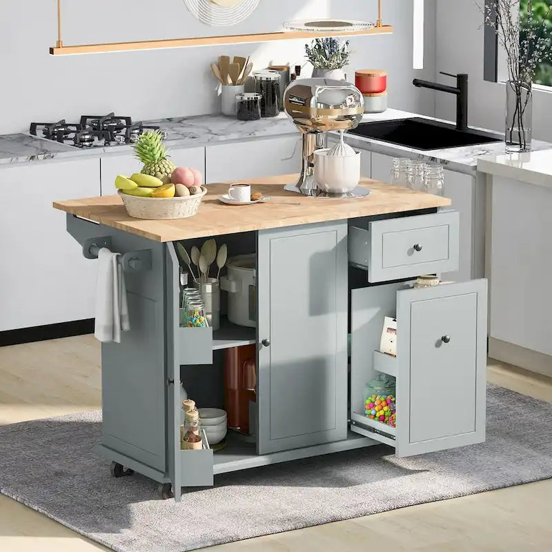 Isola da cucina in caucciù con piano a ribalta larga 53,9 pollici, su 5 ruote, con scaffale interno e armadietto estraibile a 3 livelli