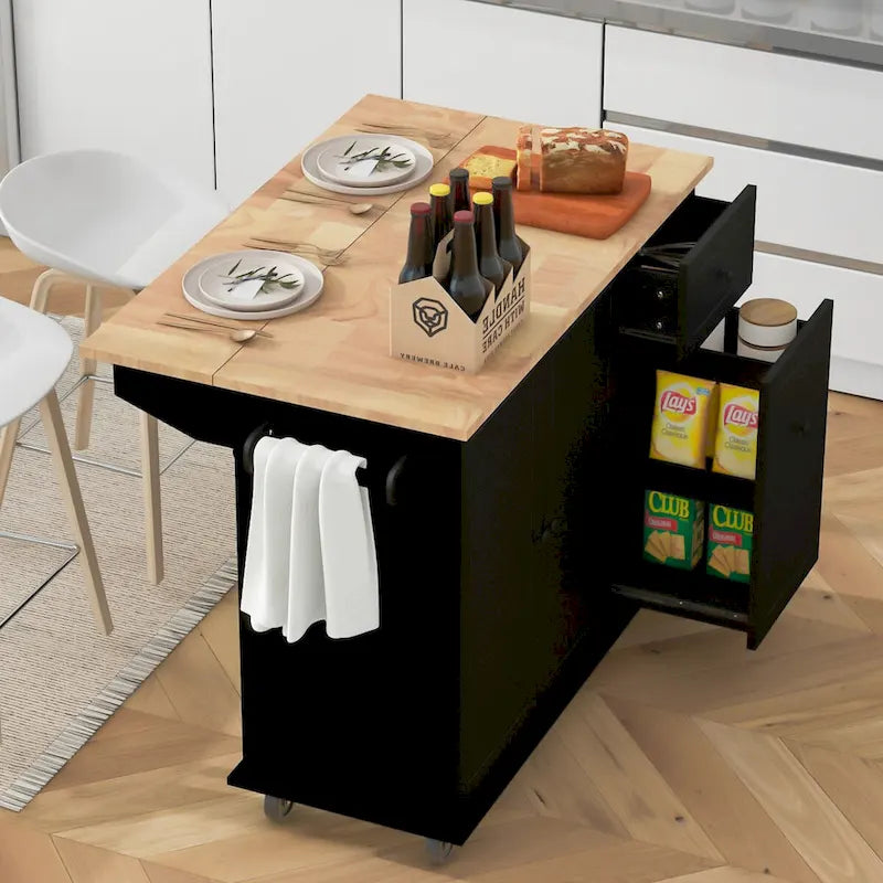 Isola da cucina in caucciù con piano a ribalta larga 53,9 pollici, su 5 ruote, con scaffale interno e armadietto estraibile a 3 livelli