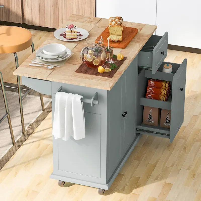 Isola da cucina in caucciù con piano a ribalta larga 53,9 pollici, su 5 ruote, con scaffale interno e armadietto estraibile a 3 livelli