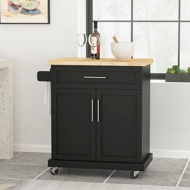 Carrello da cucina contemporaneo in legno con rotelle e contenitore di