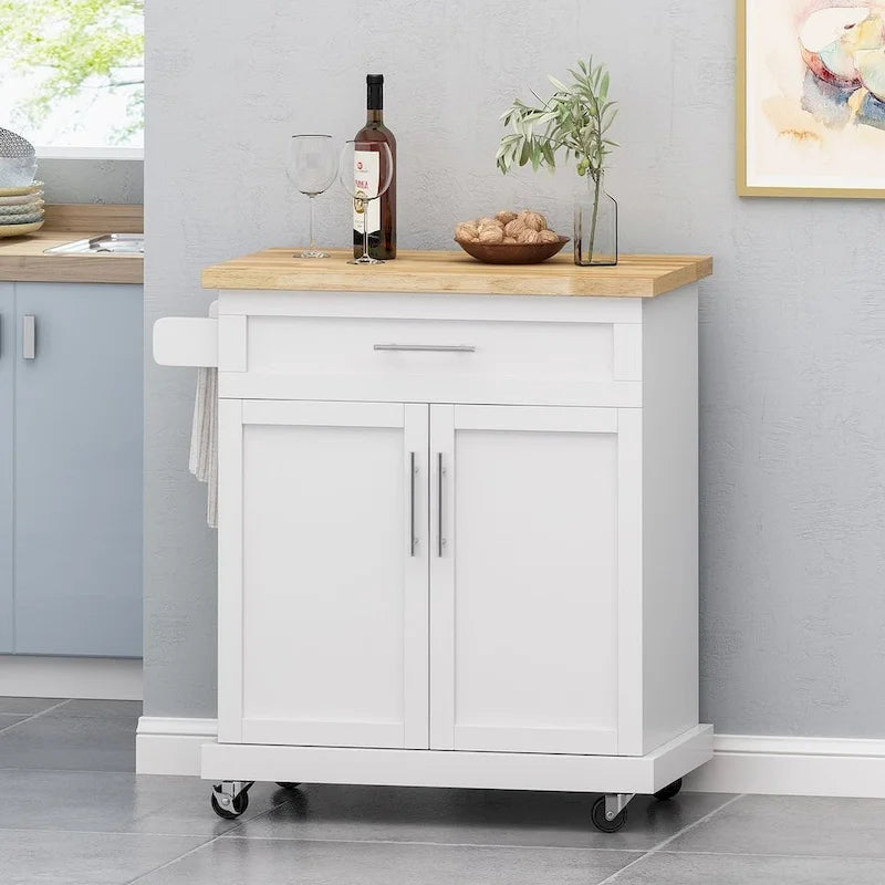 Carrello da cucina contemporaneo in legno con rotelle e contenitore di