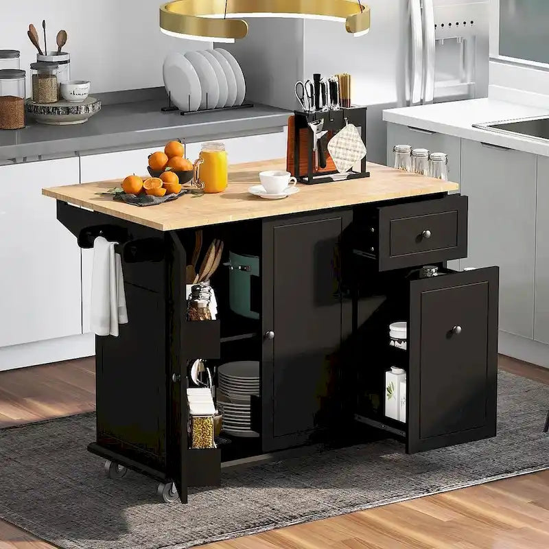 53.9 W Modern Versatile Kitchen Island with Drop Leaf and 3 Drawer Cabinets