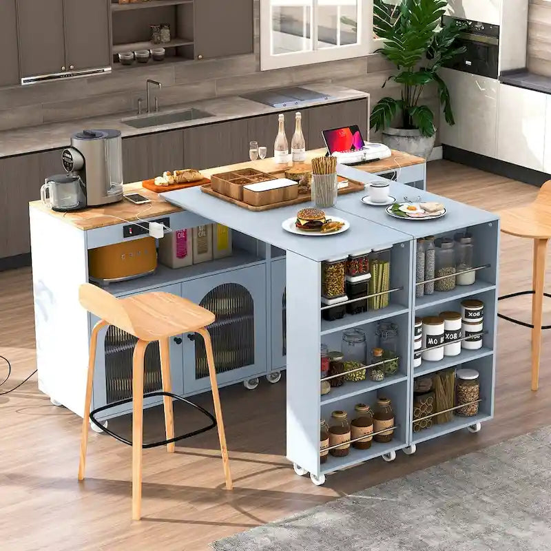 Isola da cucina da 56,3 pollici con tavolo esteso, luci a LED e 3 ripiani aperti laterali