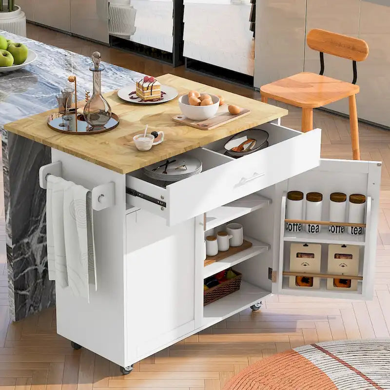 Carrello da Cucina con Ruote e Ripiano,Carrello da Cucina con Parte Superiore in Legno di Gomma,Cassetto Spazioso con Divisorio e Scaffale Interno