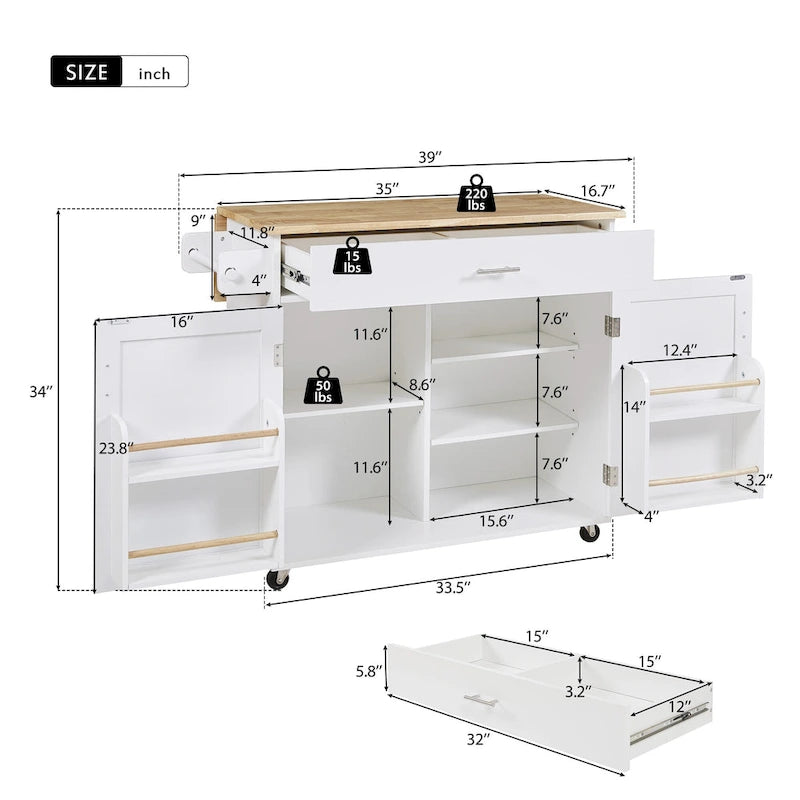 Carrello da Cucina con Ruote e Ripiano,Carrello da Cucina con Parte Superiore in Legno di Gomma,Cassetto Spazioso con Divisorio e Scaffale Interno