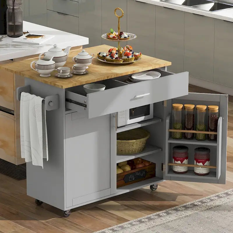 Carrello da Cucina con Ruote e Ripiano,Carrello da Cucina con Parte Superiore in Legno di Gomma,Cassetto Spazioso con Divisorio e Scaffale Interno