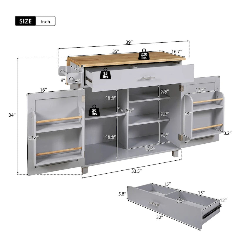 Carrello da Cucina con Ruote e Ripiano,Carrello da Cucina con Parte Superiore in Legno di Gomma,Cassetto Spazioso con Divisorio e Scaffale Interno