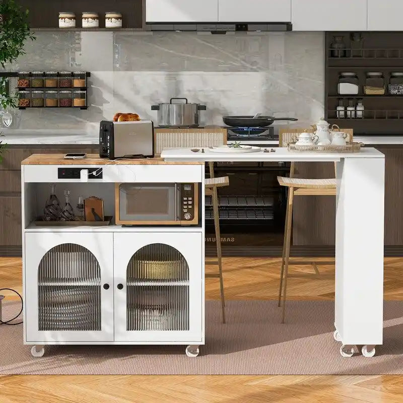 Carrello da cucina con piano estensibile, luci a LED, ante in vetro