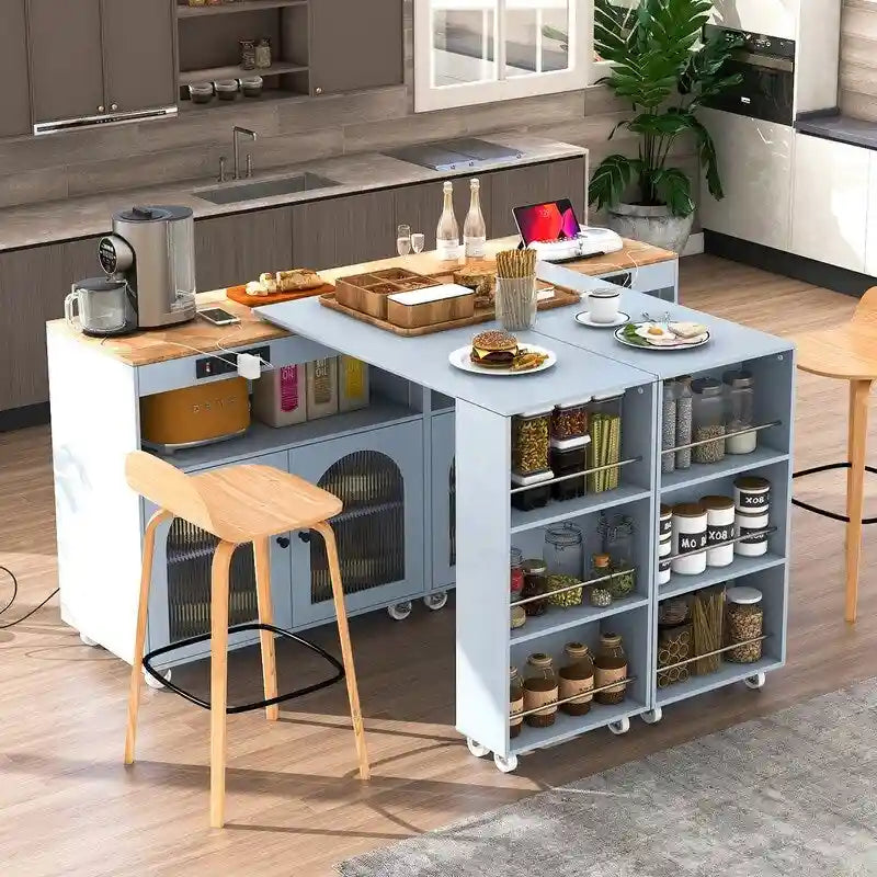 Rolling Kitchen Island With Extended Table,with LED Lights,Glass Doors