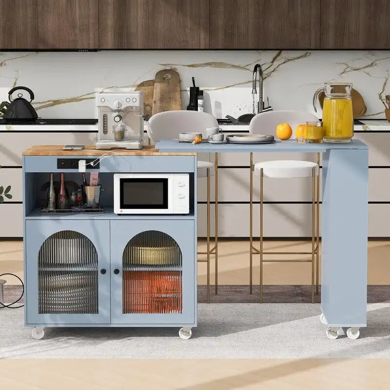 Carrello da cucina con piano estensibile, luci a LED, ante in vetro
