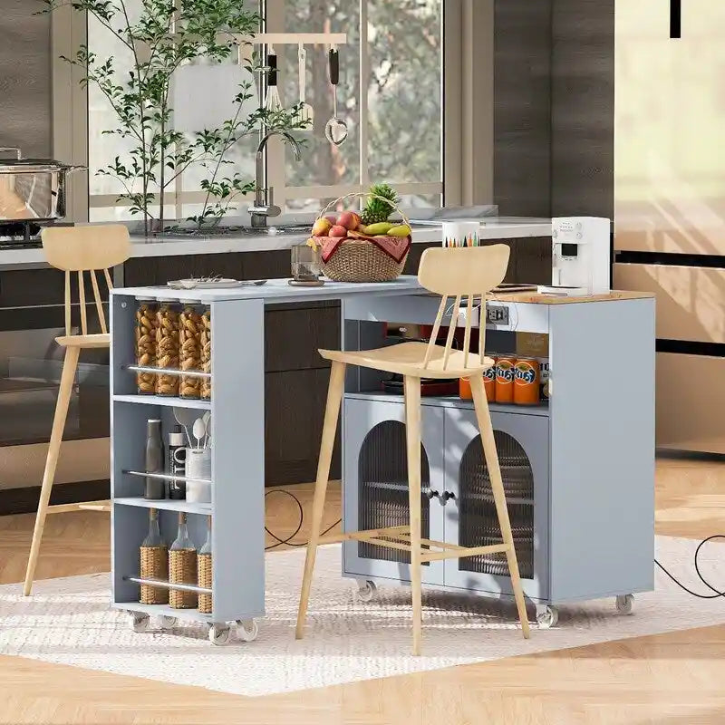 Carrello da cucina con piano estensibile, luci a LED, ante in vetro