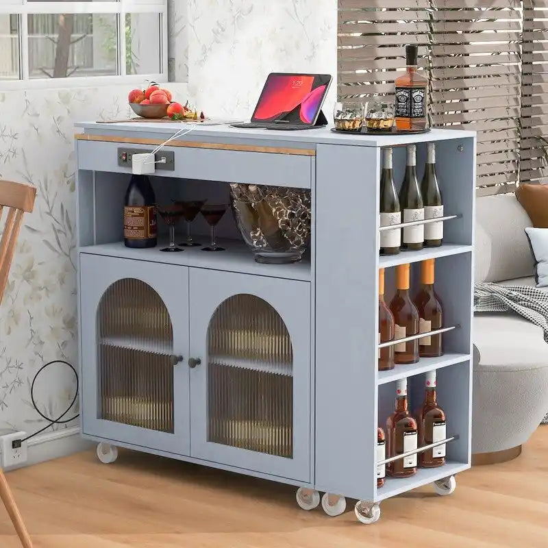Carrello da cucina con piano estensibile, luci a LED, ante in vetro