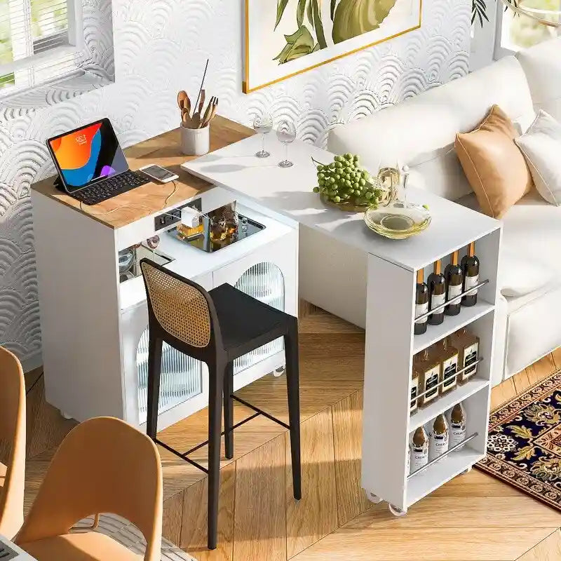Carrello da cucina con piano estensibile, luci a LED, ante in vetro