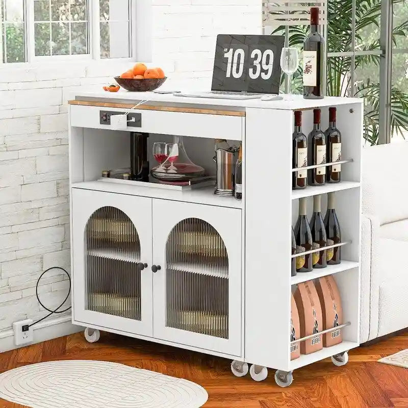 Carrello da cucina con piano estensibile, luci a LED, ante in vetro