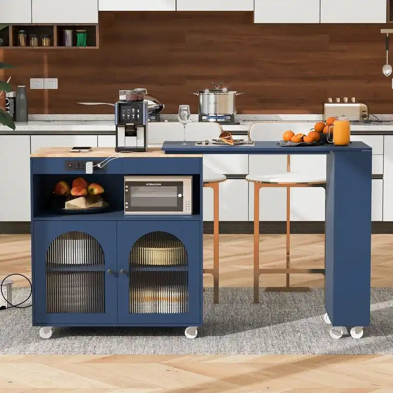 Carrello da cucina con piano estensibile, luci a LED, ante in vetro