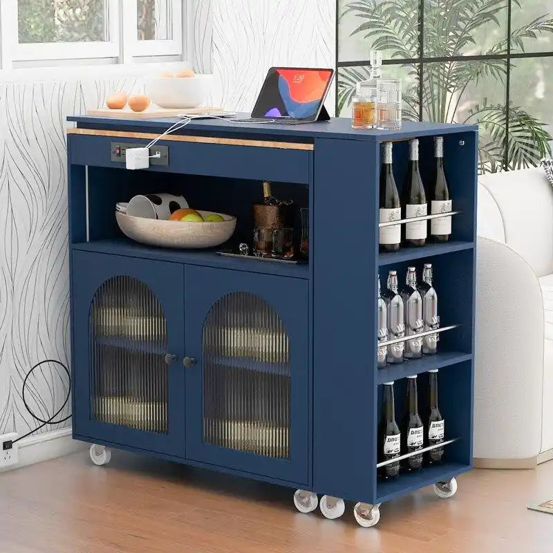 Carrello da cucina con piano estensibile, luci a LED, ante in vetro