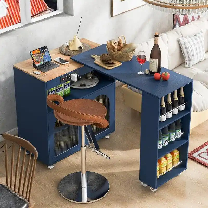 Carrello da cucina con piano estensibile, luci a LED, ante in vetro