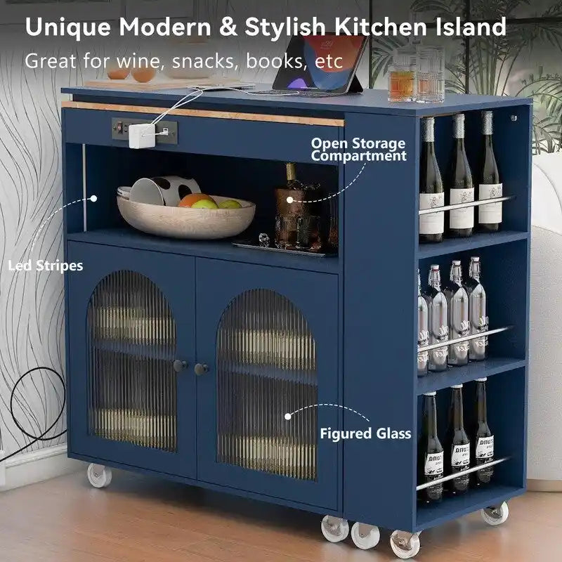 Carrello da cucina con piano estensibile, luci a LED, ante in vetro