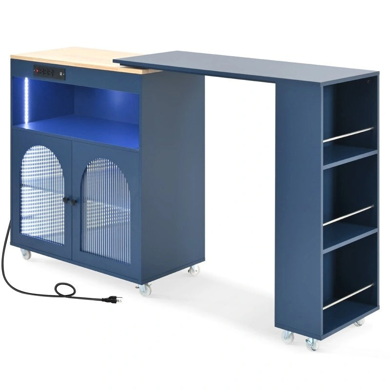 Carrello da cucina con piano estensibile, luci a LED, ante in vetro
