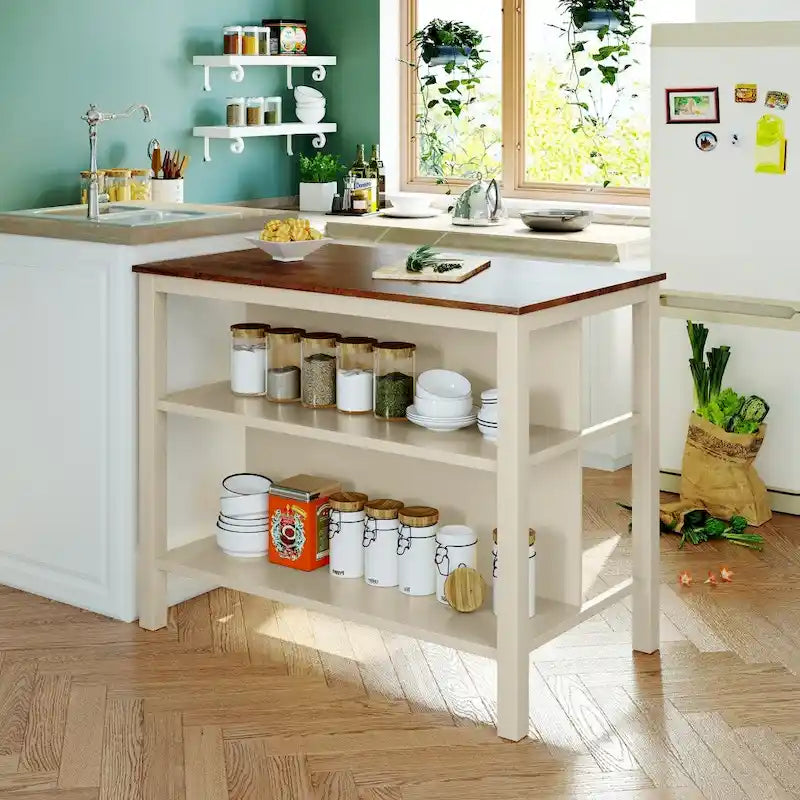 Isola per cucina fissa in legno massello 45 con tavolo da preparazione e mensole