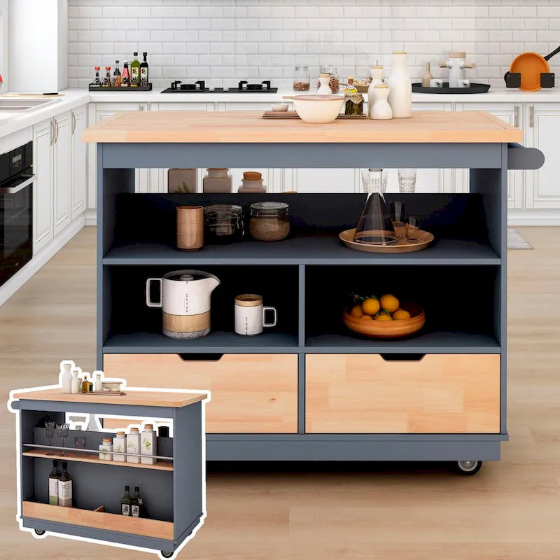 Wood Rolling Kitchen Island with 2 Drawers and 3 Open Compartments