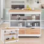 Isola Cucina Rotante in Legno con 2 Cassetti e 3 Vani Aperti