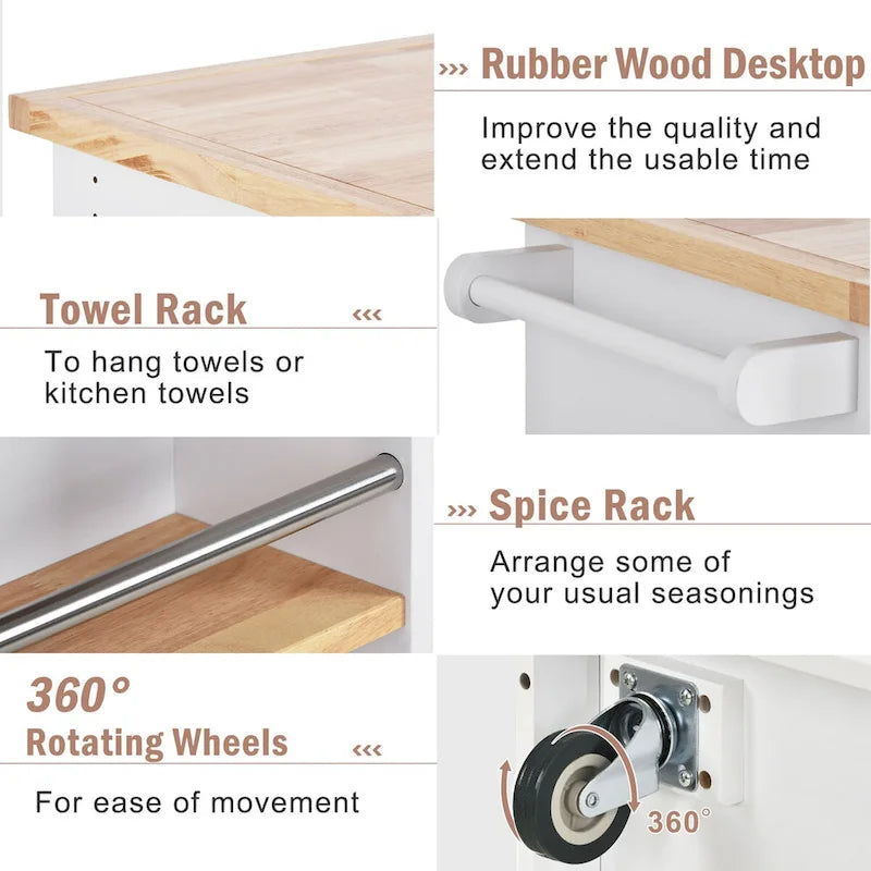 Isola Cucina Rotante in Legno con 2 Cassetti e 3 Vani Aperti