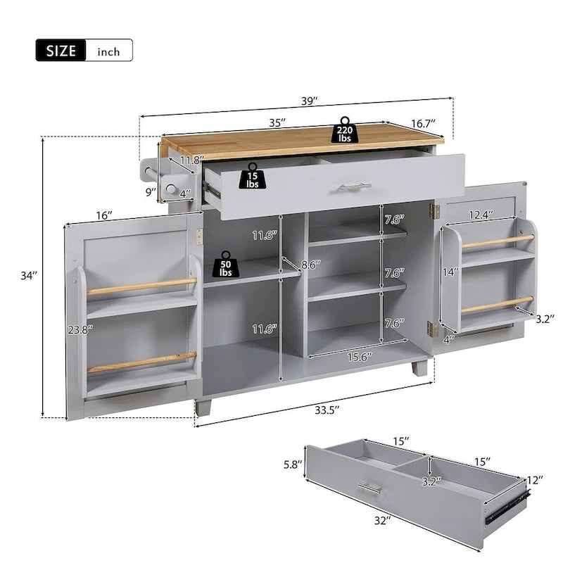Carrello da cucina con rotelle, cassetto e ripiani portaoggetti