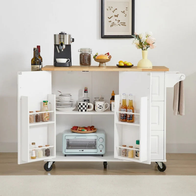 53.8 in. W Rolling Kitchen Island with Internal Storage Rack and Three Drawers