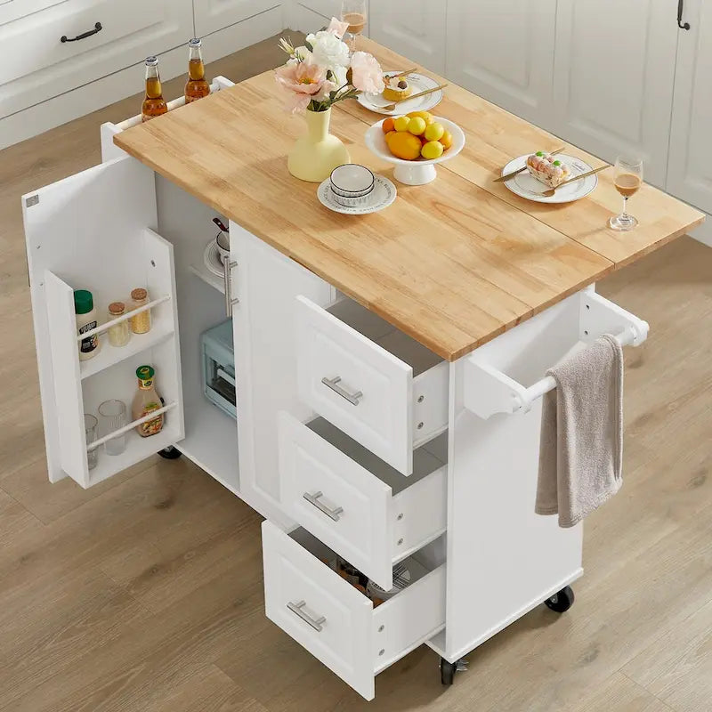 Isola da cucina mobile da 53,8 pollici di larghezza con ripiano interno e tre cassetti