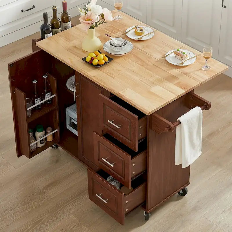 Isola da cucina mobile da 53,8 pollici di larghezza con ripiano interno e tre cassetti