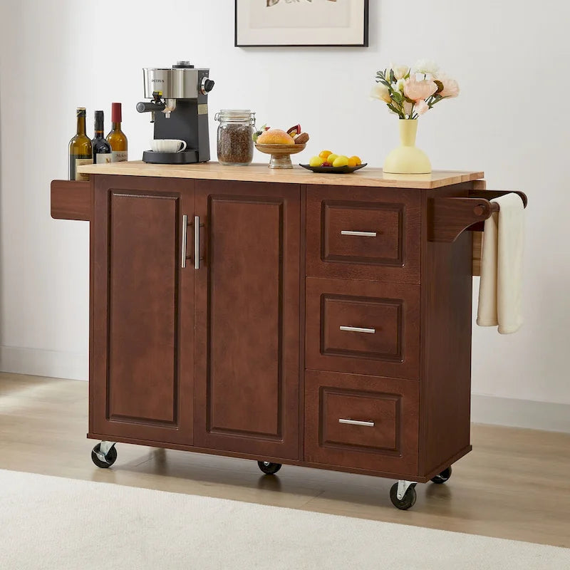 Isola da cucina mobile da 53,8 pollici di larghezza con ripiano interno e tre cassetti