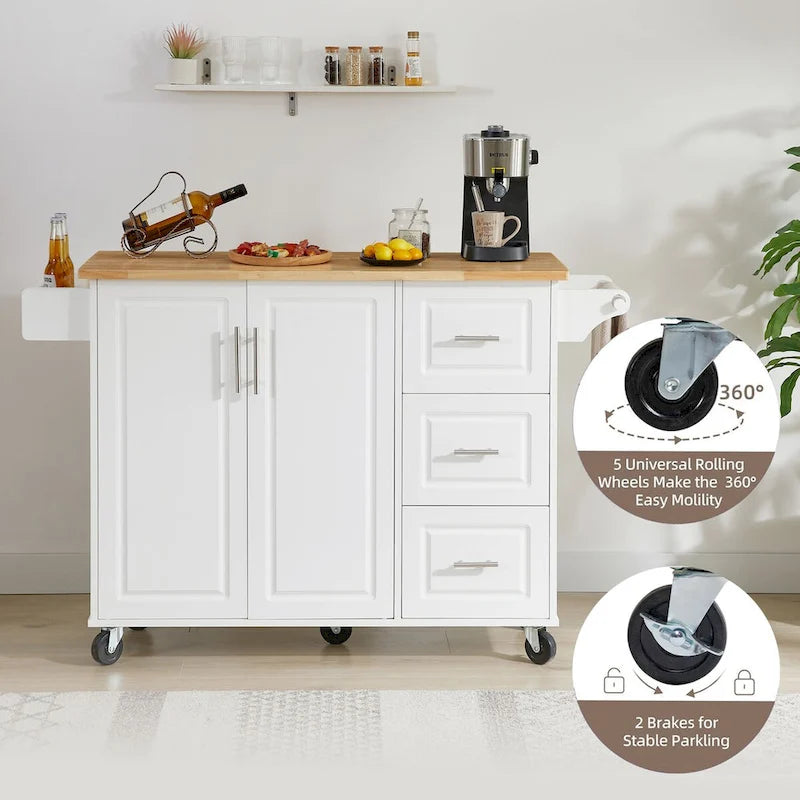 Isola da cucina mobile da 53,8 pollici di larghezza con ripiano interno e tre cassetti