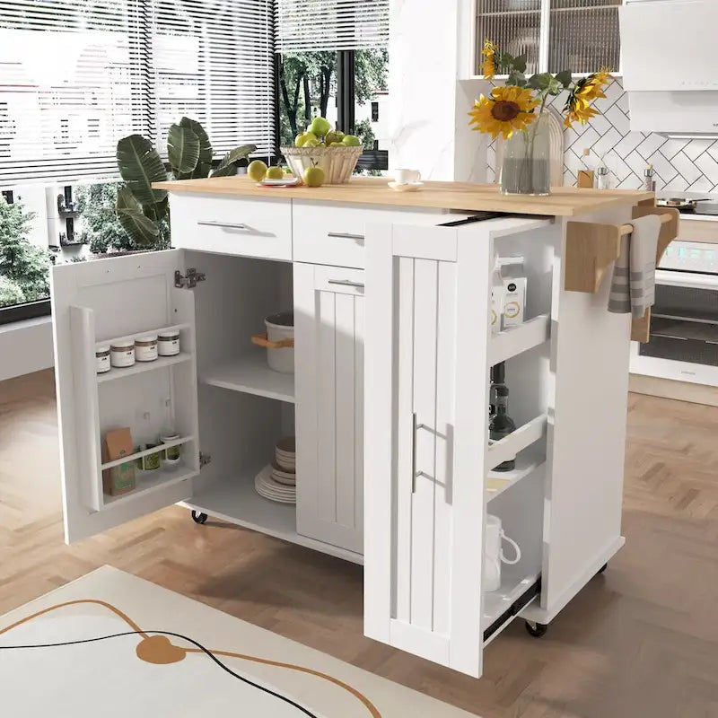Isola da Cucina con Anta a Ribalta,Carrello Contenitore da Cucina con Organizer Estraibile a 3 Livelli,Carrello da Cucina su Ruote con Porta Asciugamani