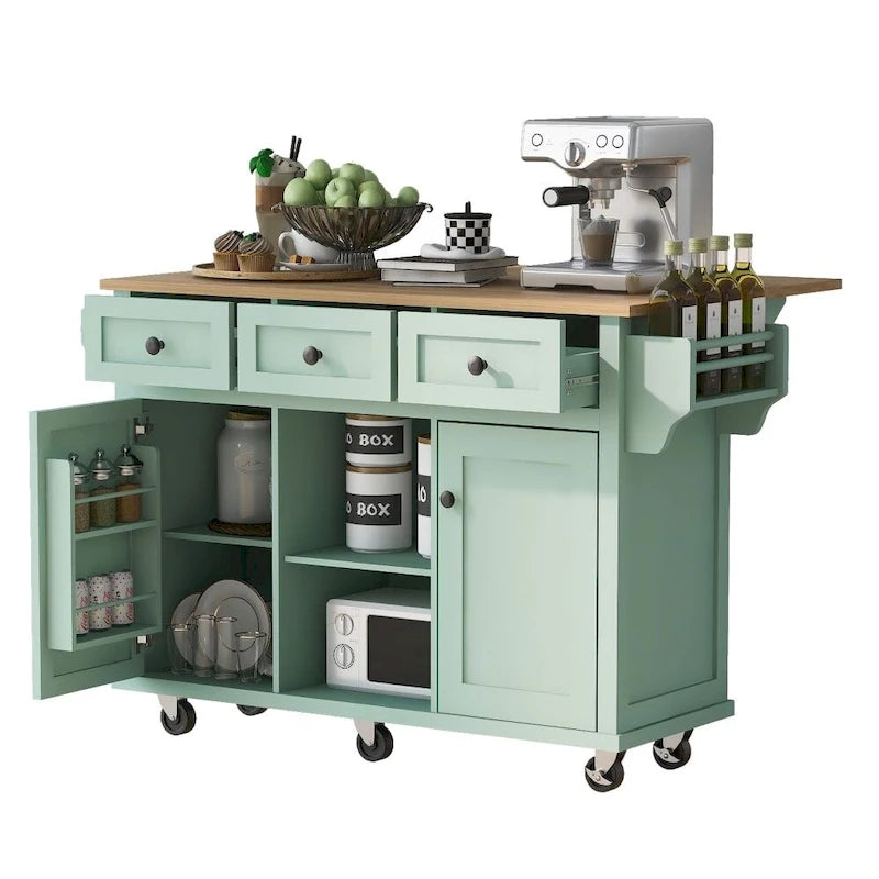 Carrello da Cucina con Piano a Ribalta in Legno di Gomma