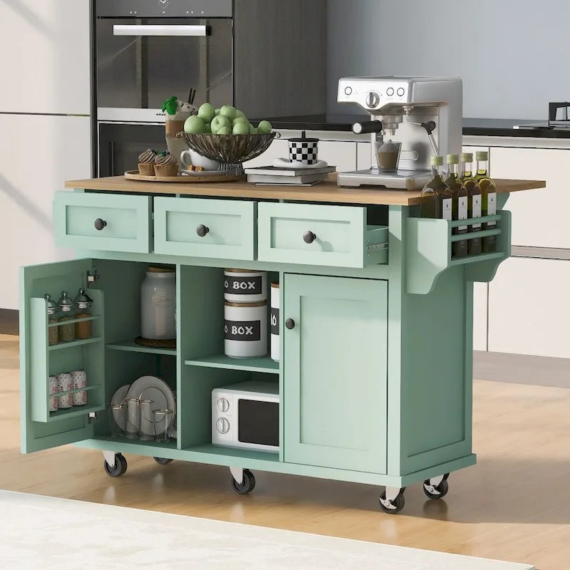 Carrello da Cucina con Piano a Ribalta in Legno di Gomma