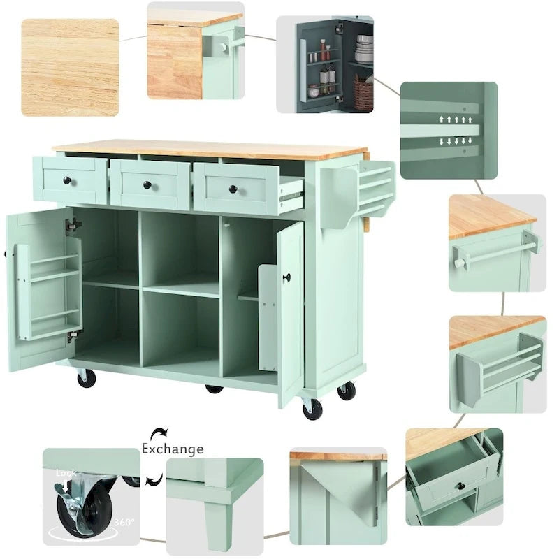 Carrello da Cucina con Piano a Ribalta in Legno di Gomma
